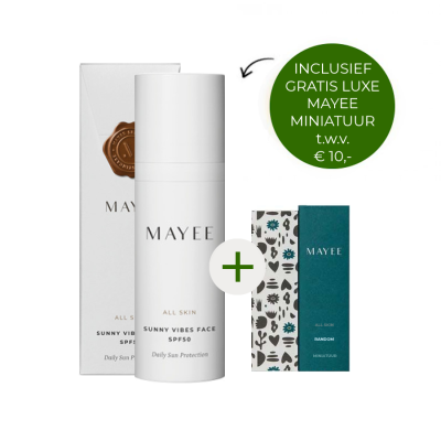 Mayee Sunny Vibes Face SPF50 50ml + gratis Mayee luxe miniatuur t.w.v. €10,- Mayee Sunny Vibes Face SPF50 50ml + gratis Mayee luxe miniatuur t.w.v. €10,-